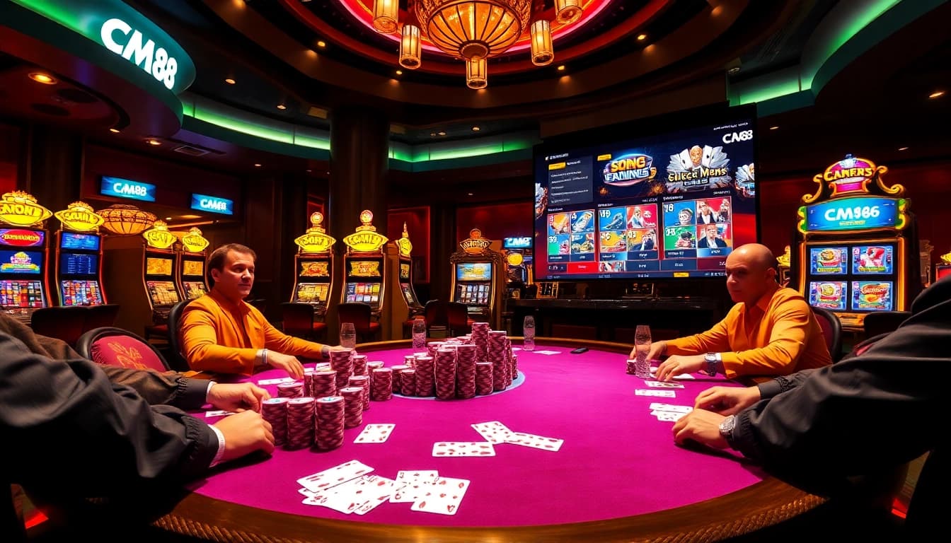 Exciting gameplay at a luxurious casino featuring CM88 themed poker action and vibrant chips.