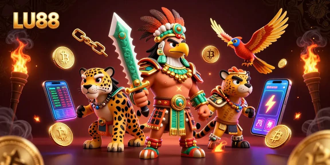 LU88 players enjoy thrilling experiences with 3D Aztec warriors amidst cryptocurrency elements.