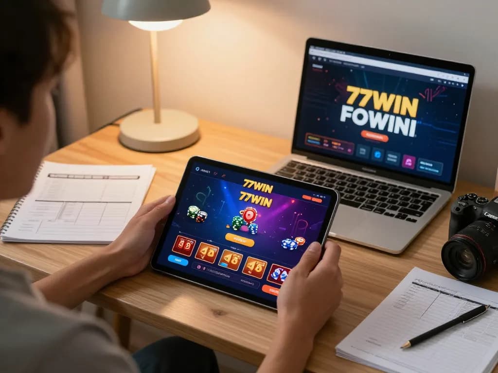 Player enjoying 77WIN gaming on tablet, showcasing real-time action and strategic gameplay in a cozy home environment