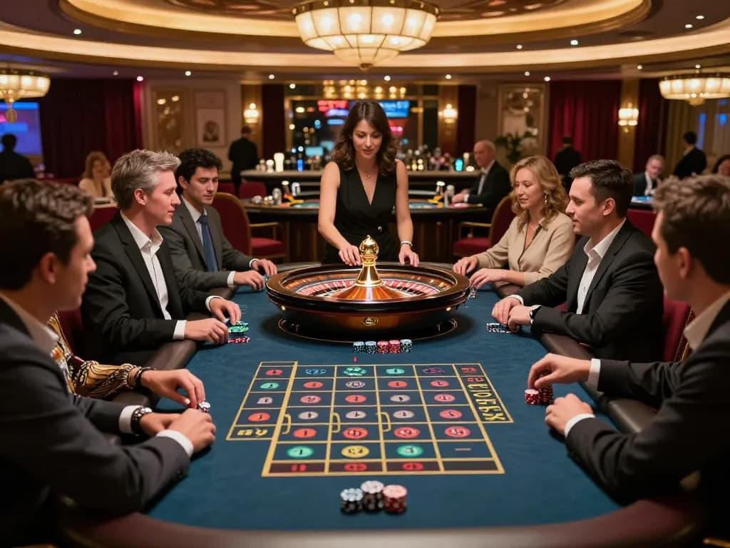 cm88-vn players enjoying the excitement at a live roulette table in a luxurious casino.