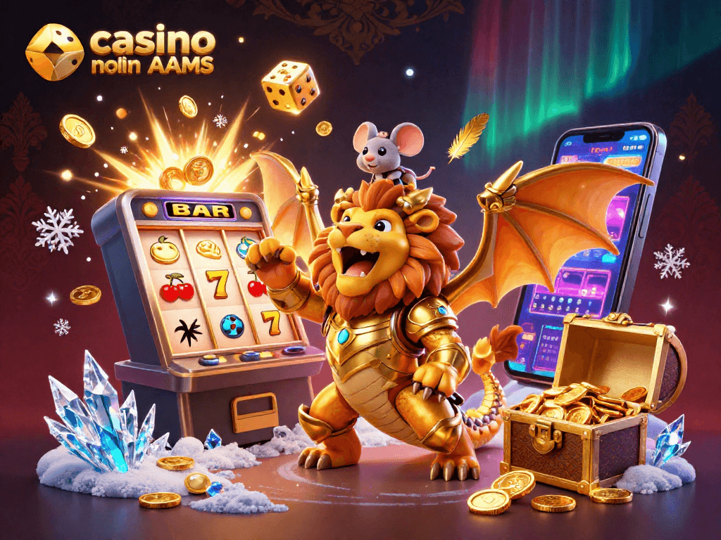 Il chimera dorato e il suo cavaliere di topo esultano nel "casino online non AAMS" circondati da simboli di gioco e tesori.