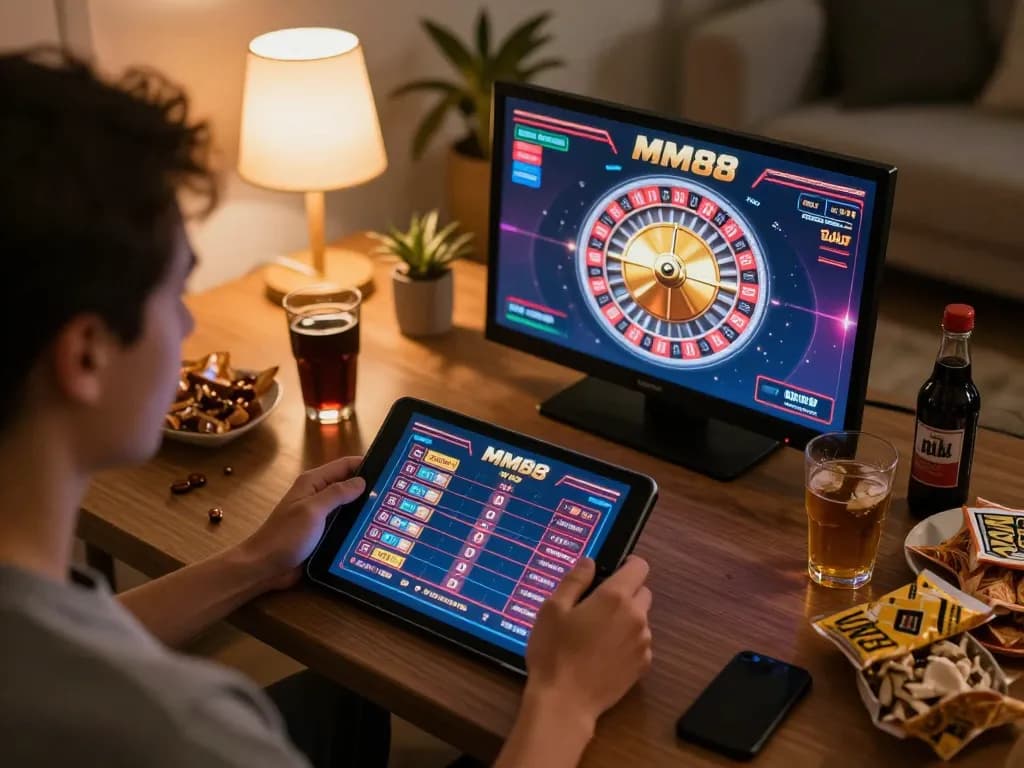 Engaged player enjoying MM88 roulette online while surrounded by home comforts
