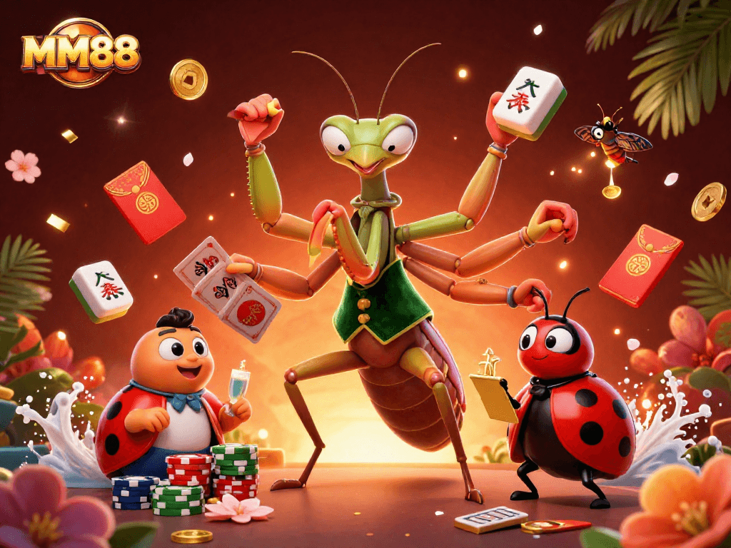 Experience the thrill of gaming at MM88 with a giant praying mantis and ladybug pit boss in a vibrant casino scene.