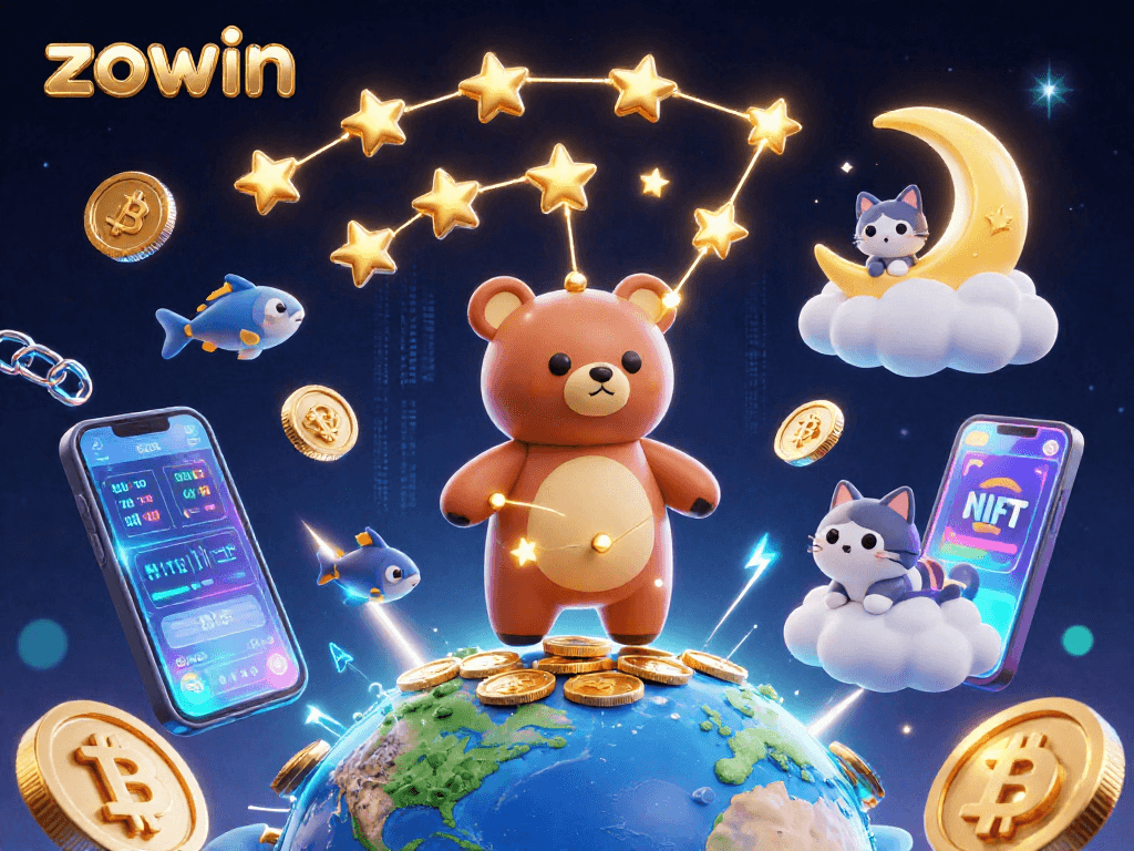 Zowin features a constellation bear scooping coins with crypto elements in a vibrant casino scene