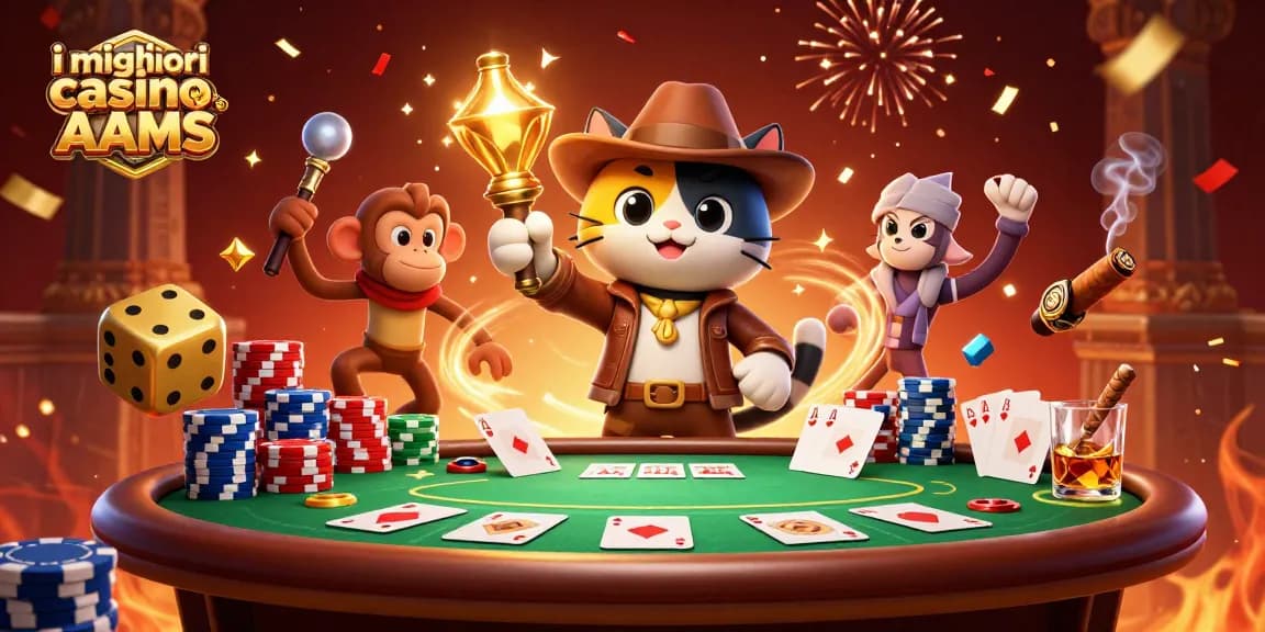 Illustrazione dei migliori casinò non AAMS con un esploratore e un primate in un antico tempio tra poker e avventure.