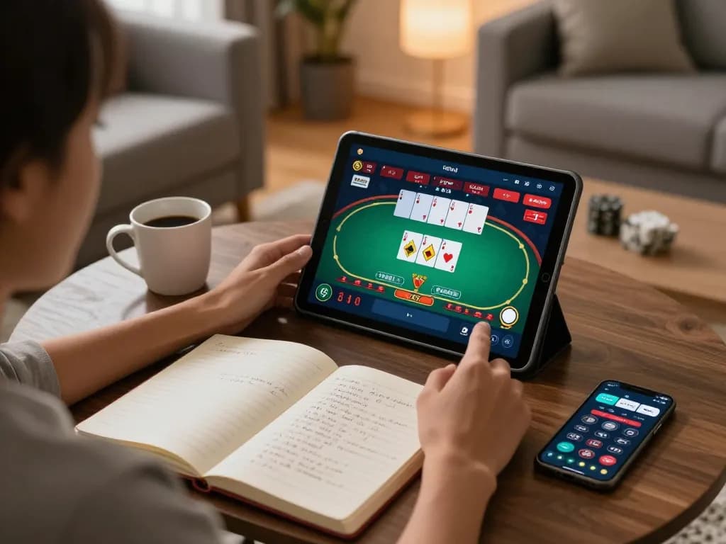 Engaging in online poker on a tablet showcasing da88gg strategies in a relaxed home setting.