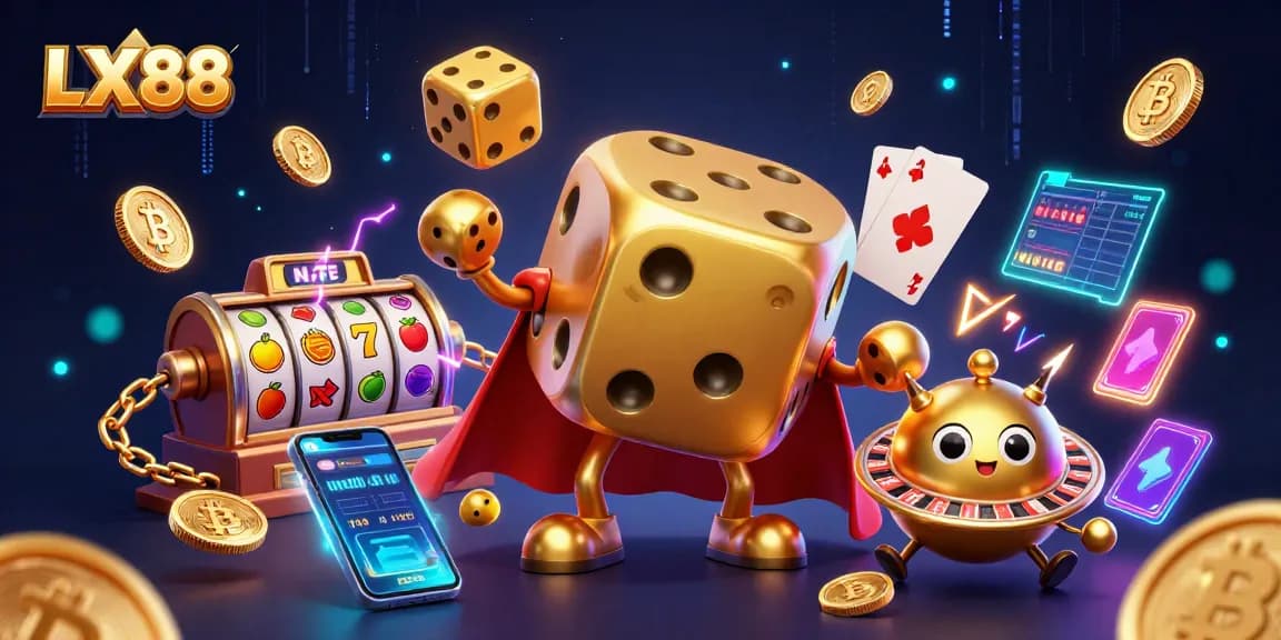 Experience thrilling jackpots at LX88 with golden dice, slot elements, and vibrant crypto visuals.