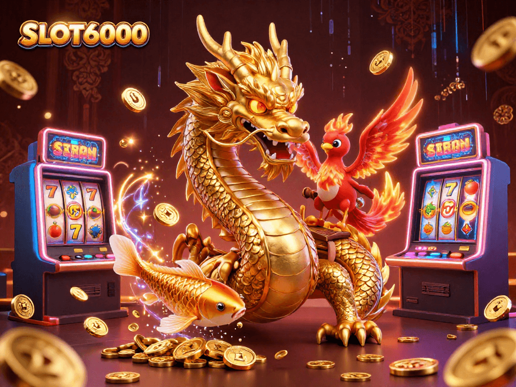SLOT6000 offers exciting slot gaming with a fierce dragon and phoenix in a vibrant casino scene.