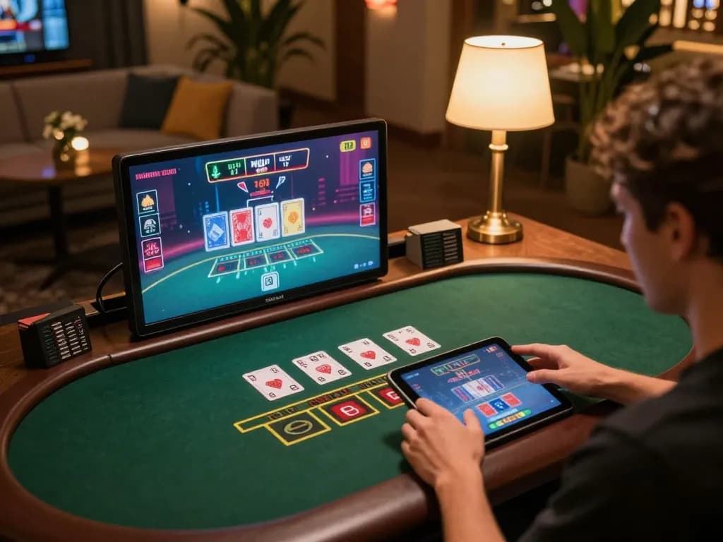 Engaged player at fly88 enjoying blackjack on tablet at home.