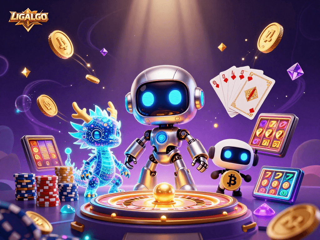LIGALGO offers thrilling digital slot experiences with vibrant 3D visuals, showcasing a chrome robot and a bitcoin drone.