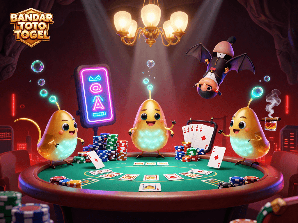 BANDAR TOTO TOGEL illuminates a lively casino scene with unique glowworms and a bat dealer.