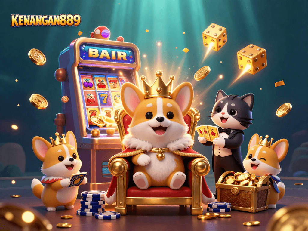 Experience the excitement of KENANGAN889 with vibrant slot games, royal corgi characters, and a jackpot explosion.