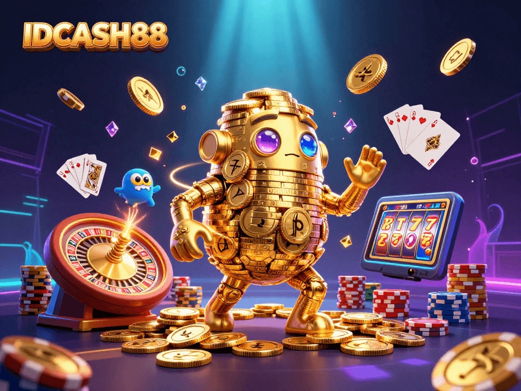 Experience IDCASH88's thrilling gaming with a golden golem and vibrant casino elements.