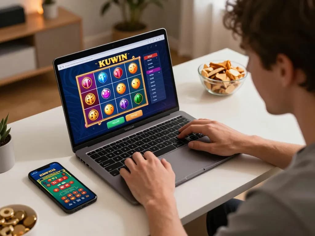 Kuwin online casino gaming with vibrant graphics on laptop and smartphone