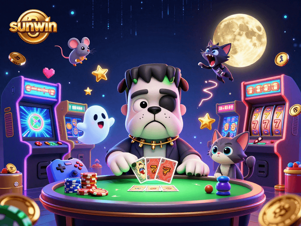 Join the fun at sunwin with a Frankenstein bulldog dealing cards in a vibrant casino scene.