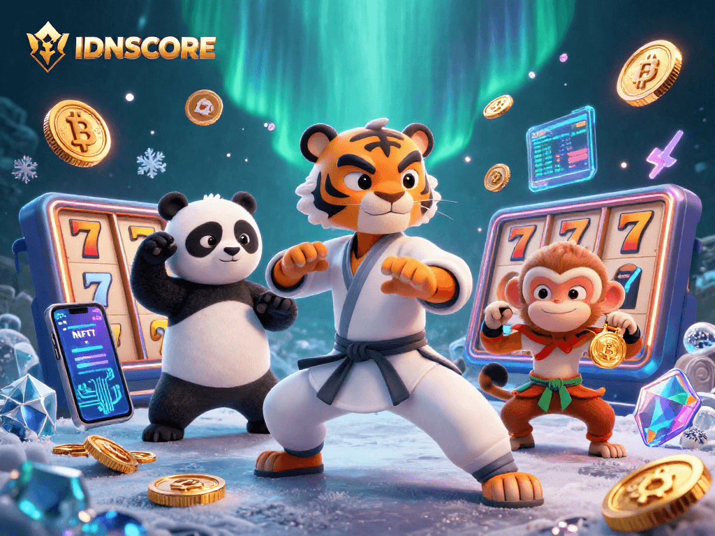 IDNSCORE attracts players with colorful slots amidst a whimsical 3D scene featuring kung fu animal characters.