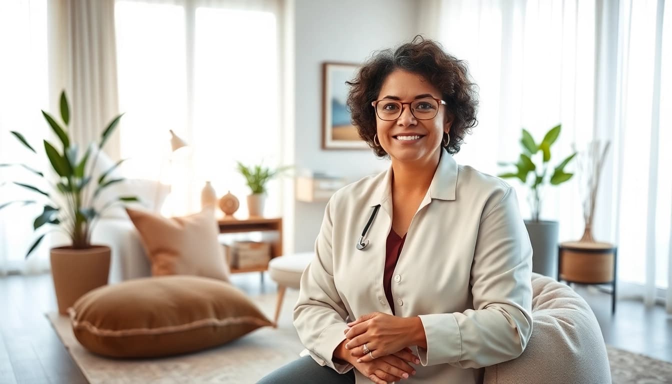 A therapist provides strategies for managing stress and anxiety in a peaceful office.