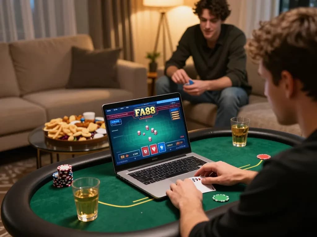 Player enjoying FA88 online casino poker game on laptop in cozy living room setting.