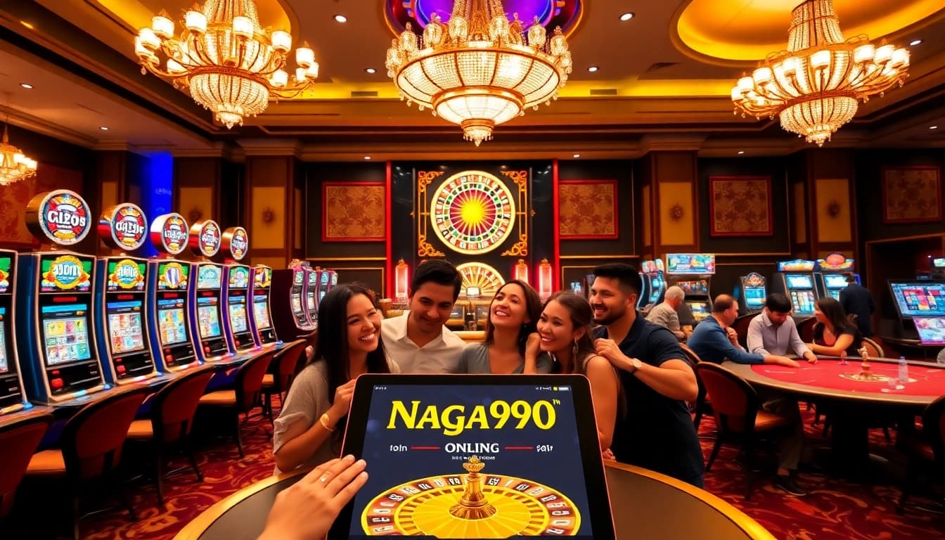 Naga99 players celebrating a jackpot win at a luxurious casino with vibrant slot machines.