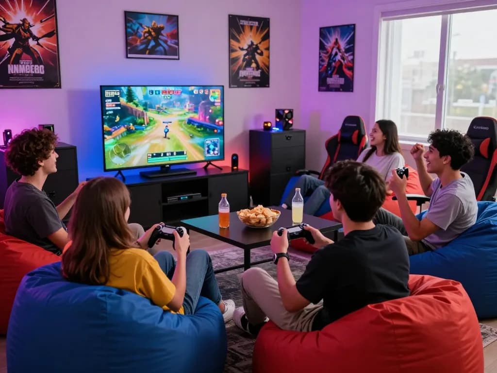 Friends enjoying an nk88 gaming session with vibrant atmosphere and snacks