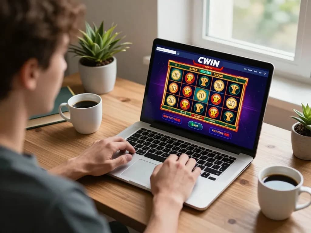 Cwin user engaging with online slot game interface, showcasing excitement in a cozy home setting.