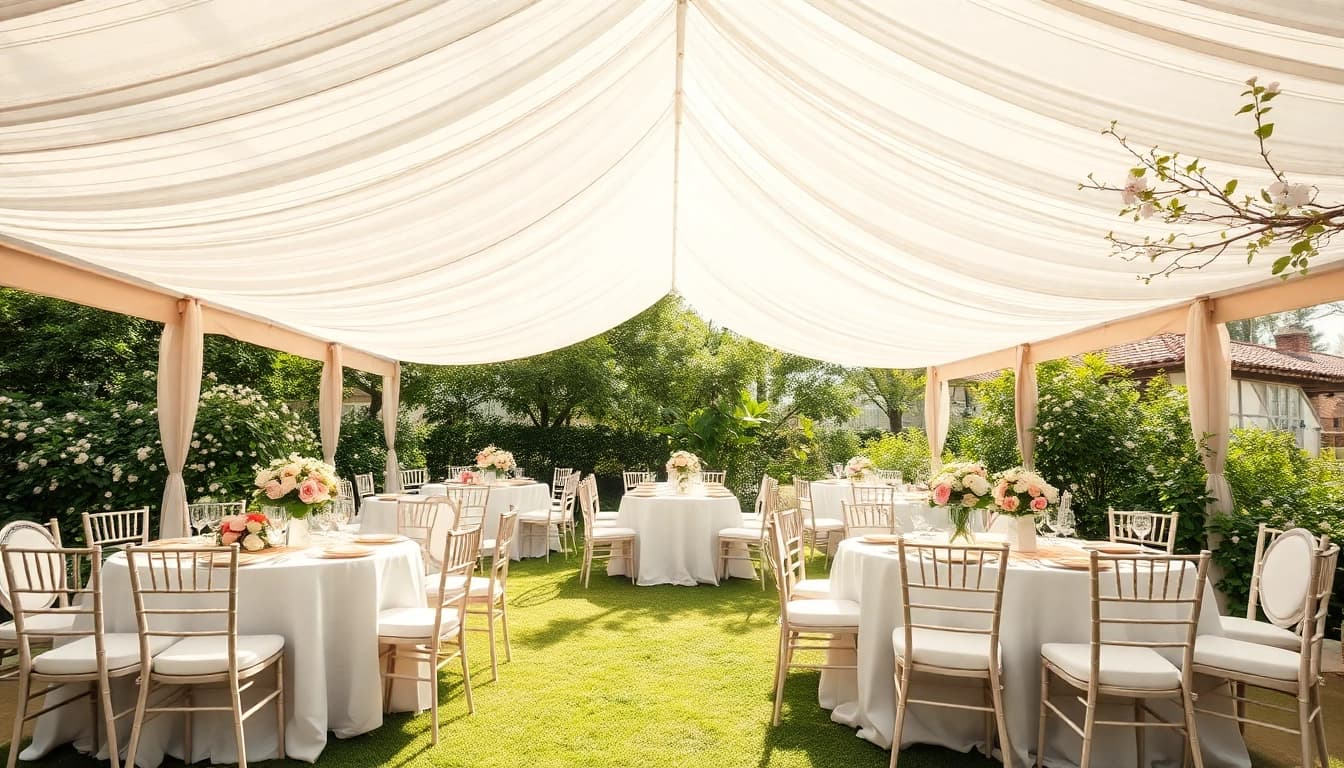 Experience exquisite Wedding Tent Chair & Table Rentals showcased in a beautifully arranged outdoor setting.
