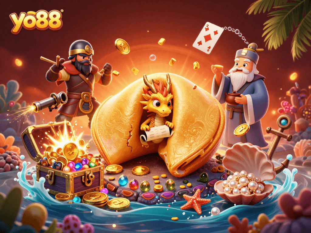 Engage with yo88's vibrant 3D fantasy casino illustration featuring a golden cookie dragon!