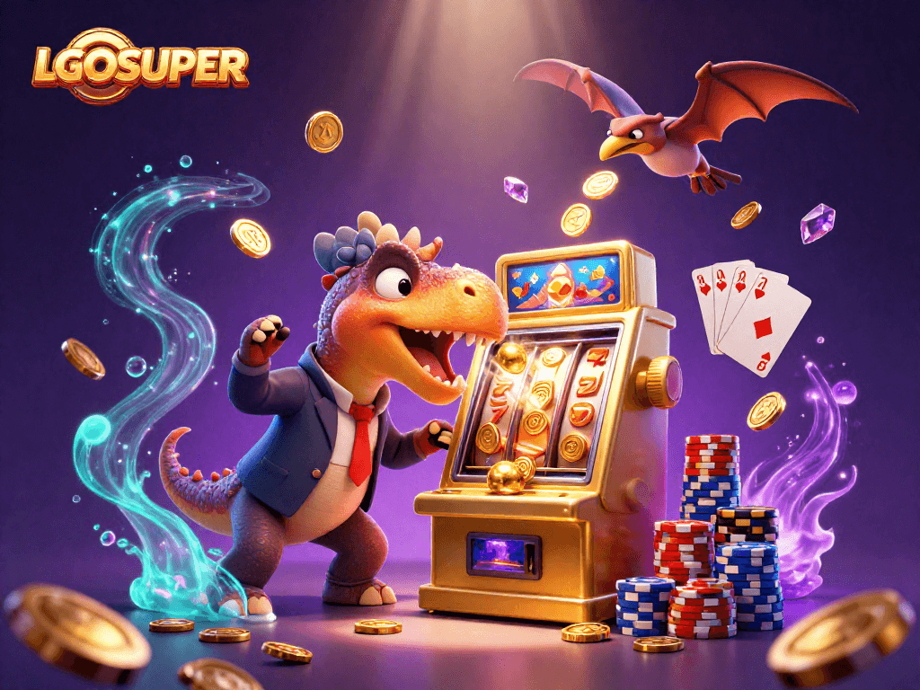 Experience thrilling jackpots with LGOSUPER as a pteranodon catches coins in a dazzling casino landscape.