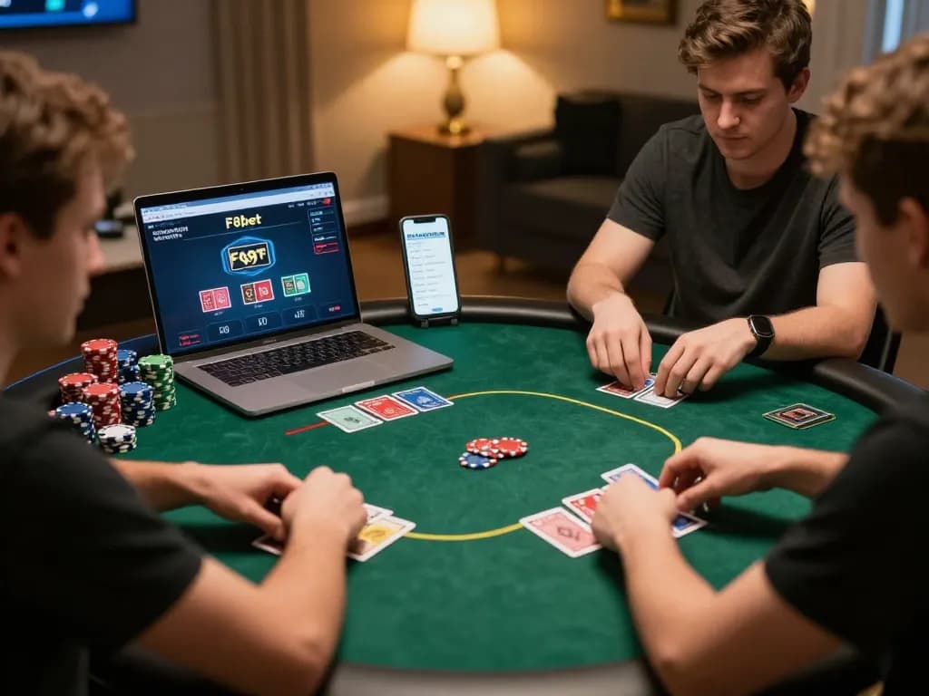 Players strategizing in a dynamic online poker game on F8bet interface, showcasing engaged players and activity