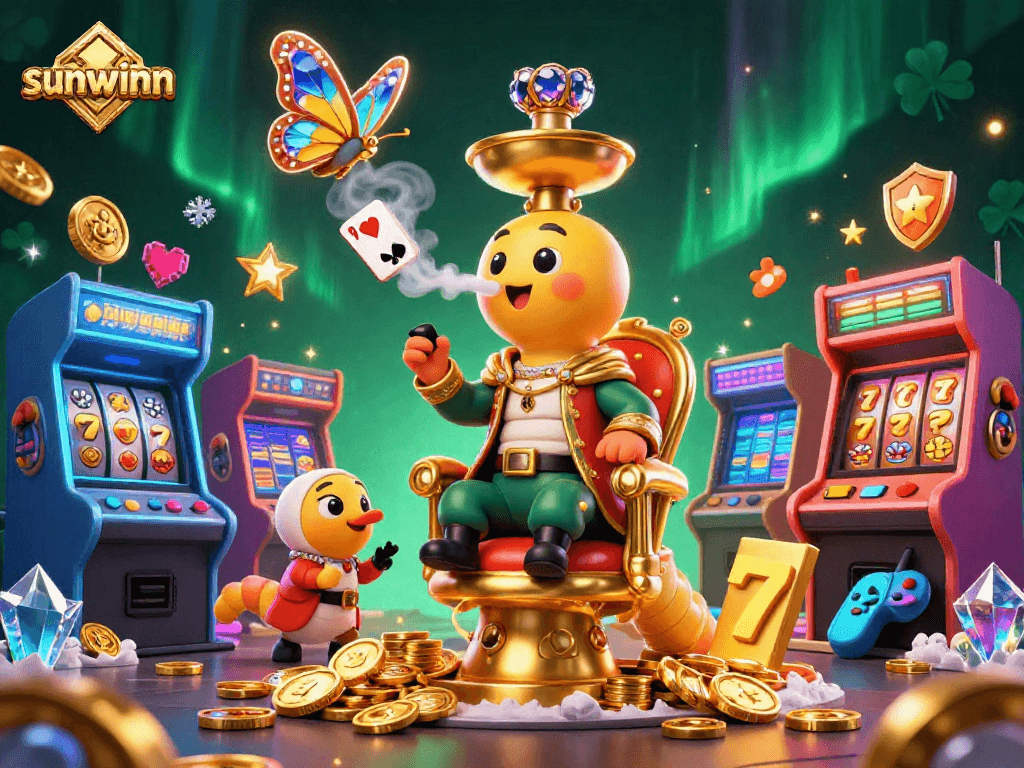 Experience thrilling gaming with sunwinn's vibrant 3D casino illustration highlighting exciting slot themes and poker adaptations.