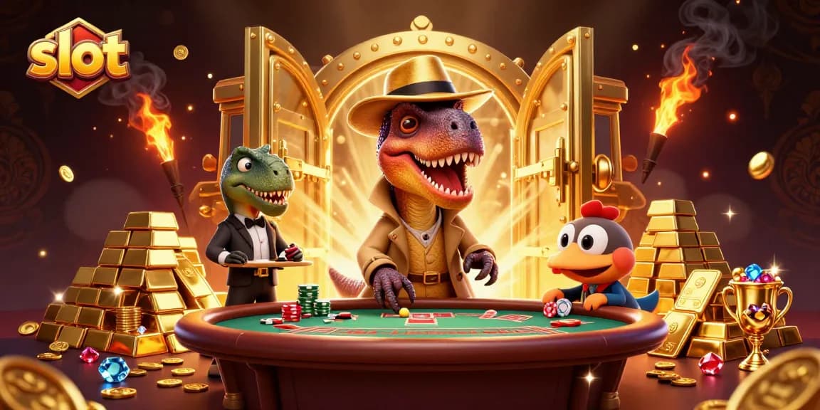 Experience thrilling slot action with a velociraptor card counter and stegosaurus pit boss amid treasures.