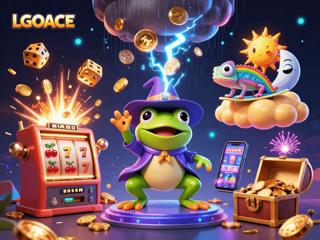 LGOACE's captivating casino scene showcases a wizard frog, chameleon, and slot machine amid a jackpot explosion.
