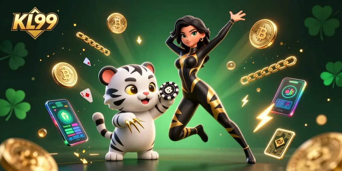 Engage with KL99 as a lady in a sleek catsuit interacts with a tiger cub amidst vibrant casino elements.