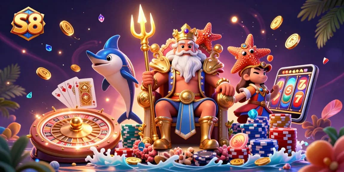 S8 transforms gaming excitement with Neptune on his throne amidst dynamic casino elements.
