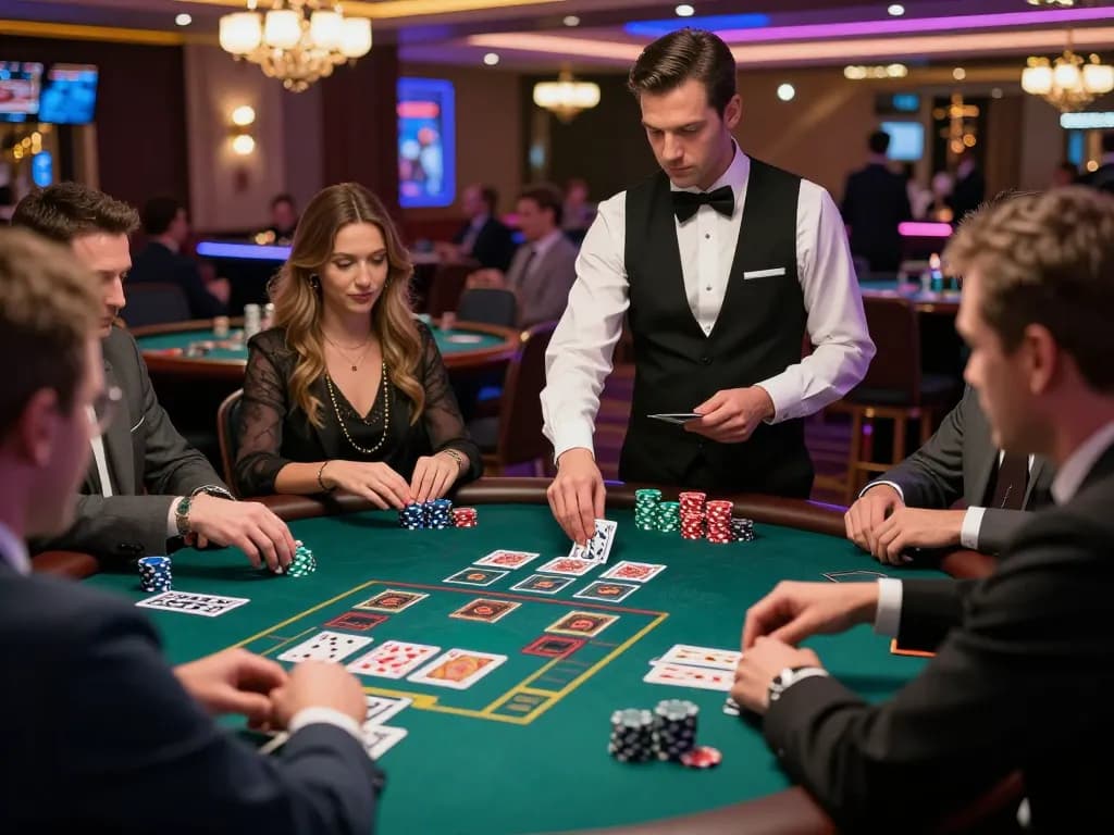 Nohu players engaging in intense blackjack game with dealer at upscale casino table