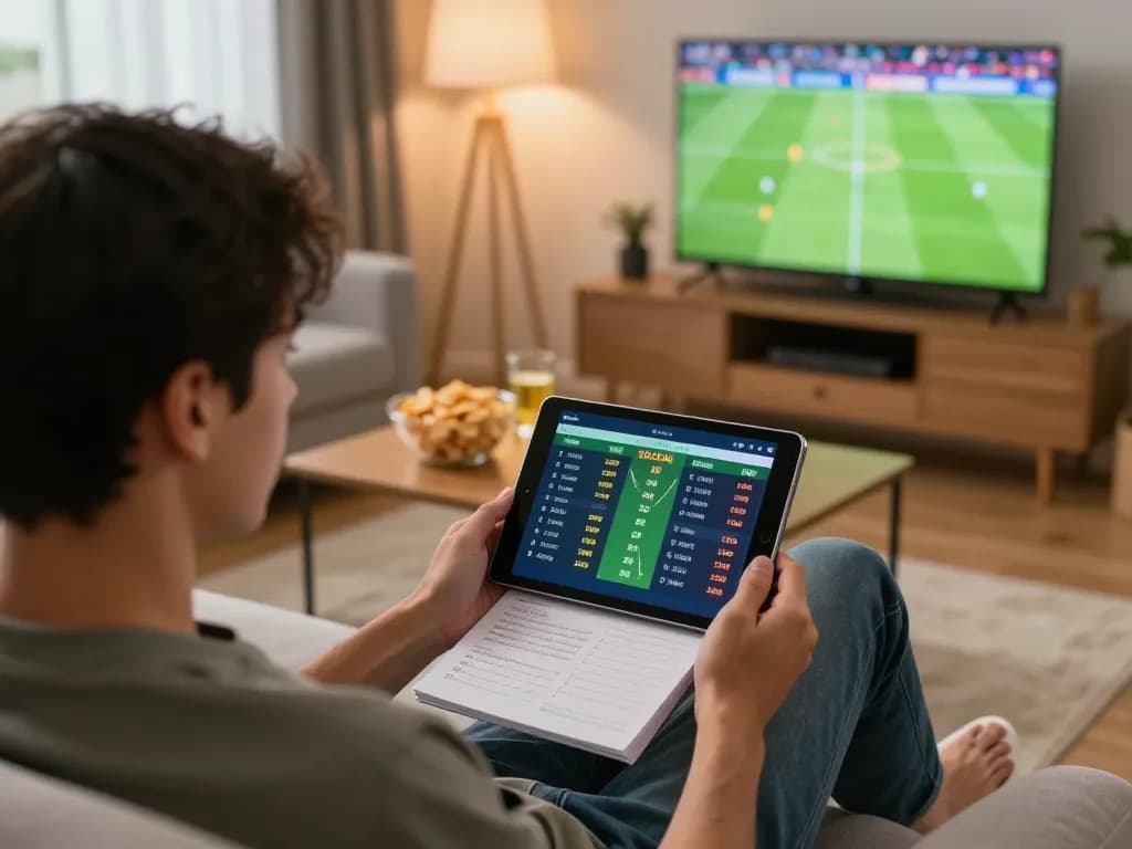 Engaging bettor reviewing soccer tips on tablet during live match, promoting responsible betting.
