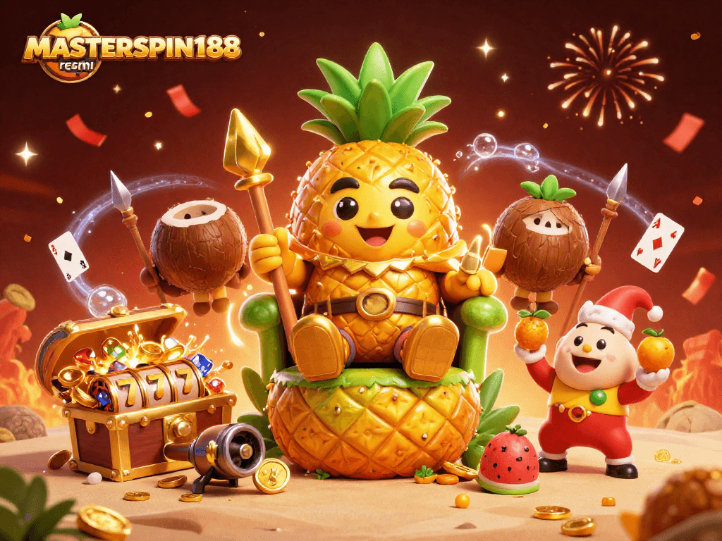 Engage in thrilling gameplay with MASTERSPIN188 resmi as the golden pineapple king rules a vibrant casino scene.