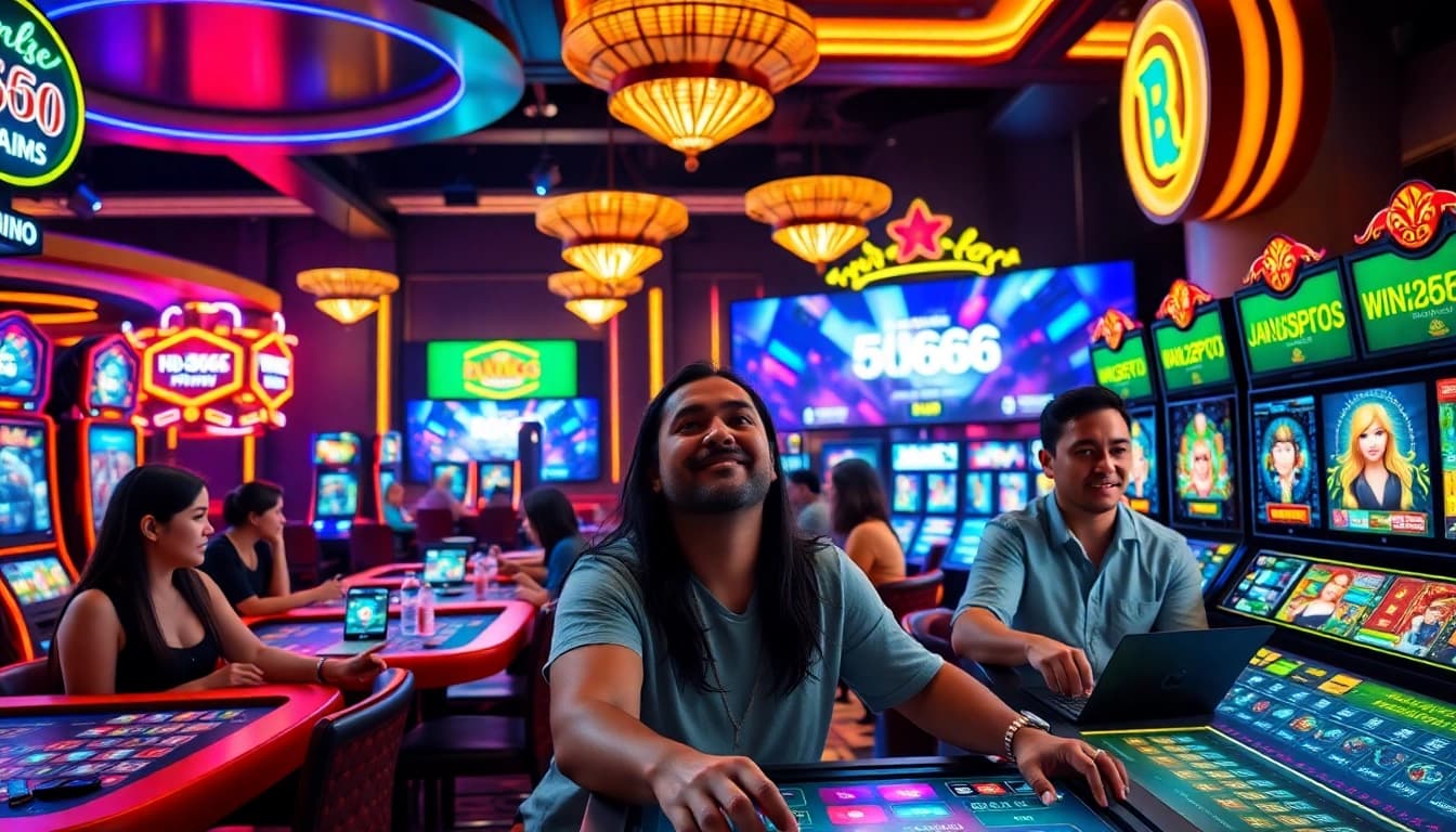 Exciting online casino atmosphere showcasing HH666 with vibrant games, engaging players, and dazzling lights.