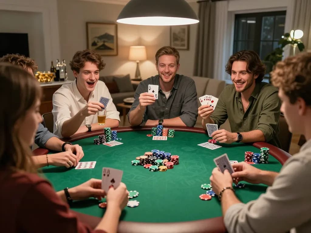 O8 poker night festivities with friends celebrating a win, colorful chips and cards in view.