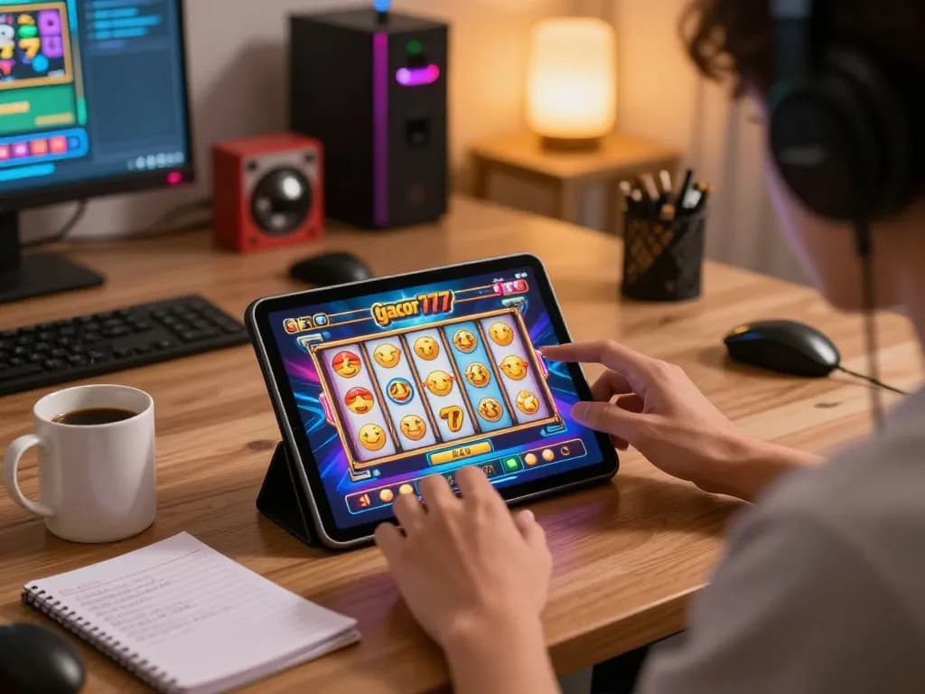 Engaging online gameplay of slot gacor 777 on a tablet with colorful spinning reels and strategy notes nearby.