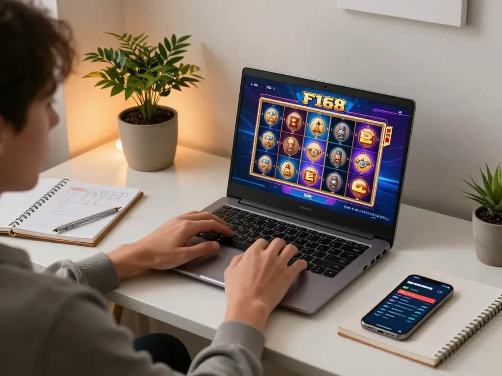 Player enjoying F168 online casino games on laptop in cozy home office setting.