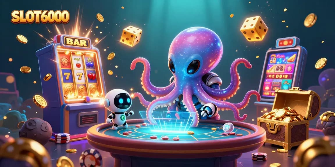 SLOT6000 showcases an exciting alien-themed casino with slot machines, robots, and vibrant jackpots.