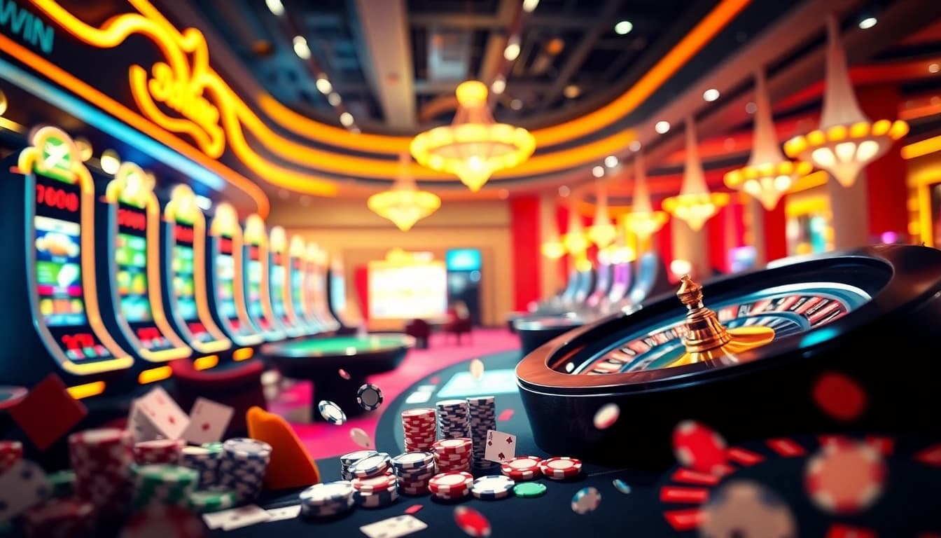 Experience thrilling games at kuwin casino, with vibrant tables, spinning roulette wheels, and engaging players.