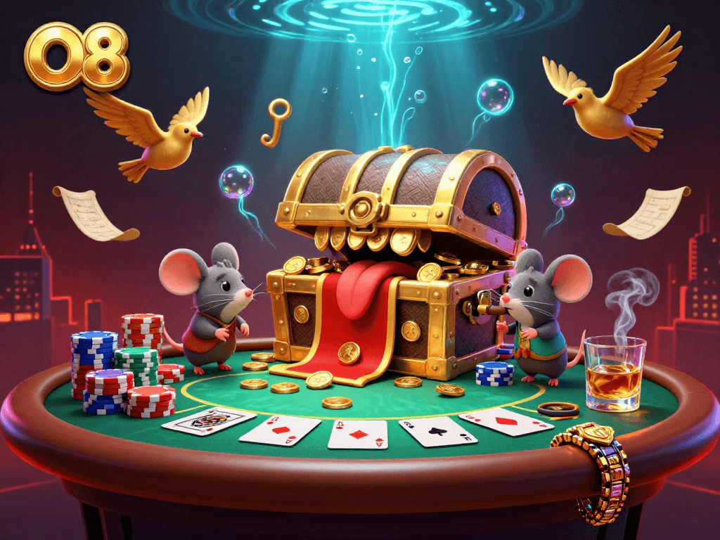 Experience the thrill of O8 with this engaging 3D casino scene showcasing poker elements and vibrant characters.