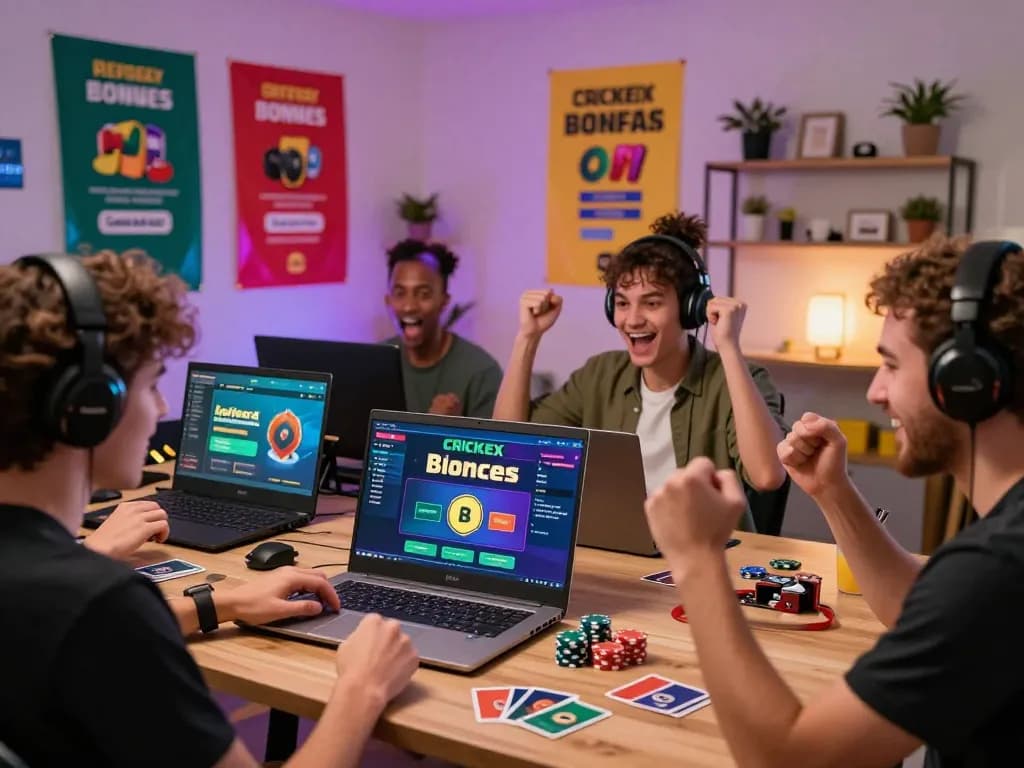Players celebrating Crickex bonus wins in a lively home gaming setting