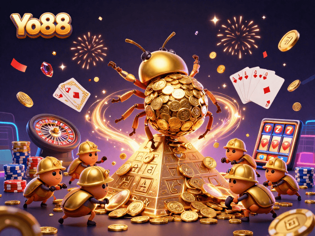 Join the fun at Yo88 with golden beetles rolling coins, casino games, and vibrant celebration.