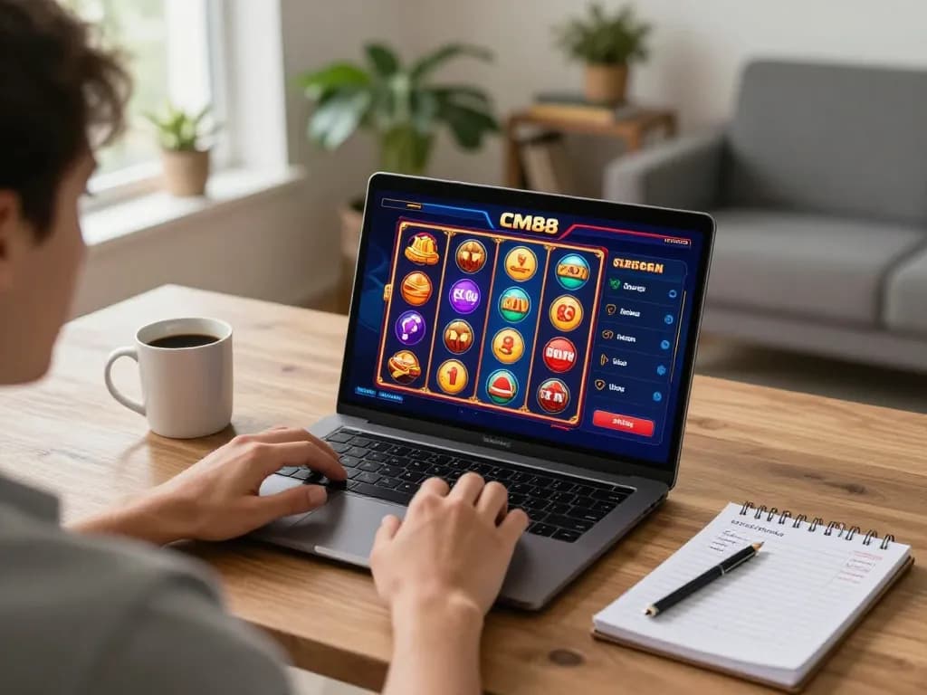 Player enjoying CM88 online gaming interface on laptop, showcasing vibrant slots and strategy notes in cozy home setting.