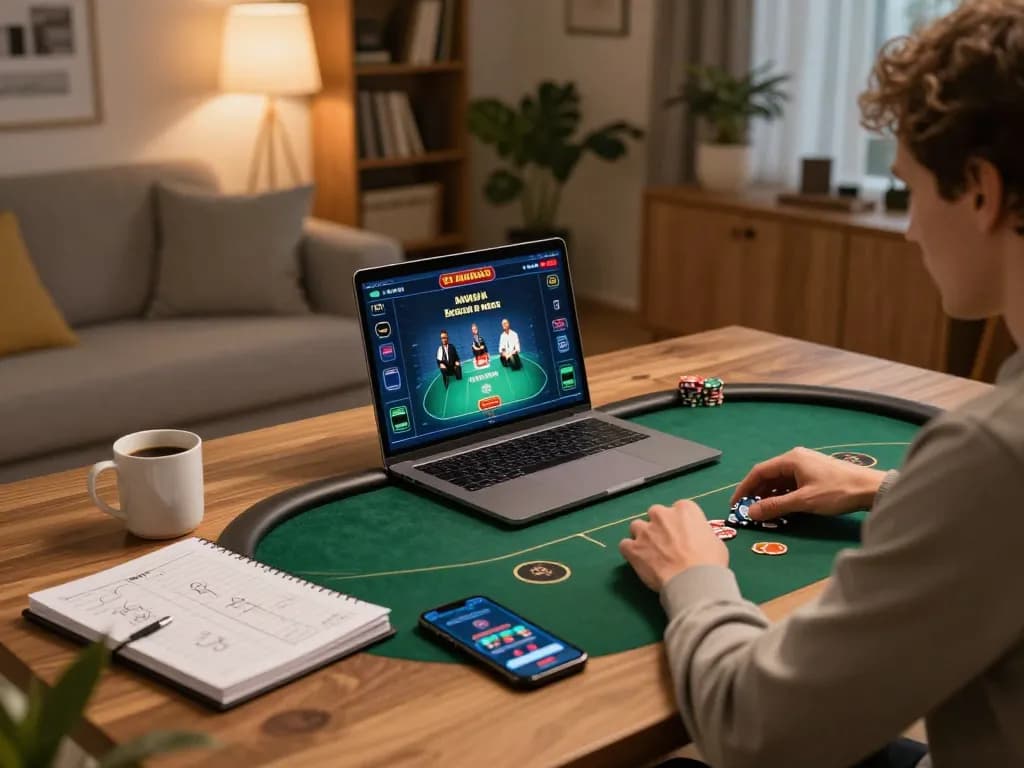Engaging in strategic online poker gameplay on a laptop at home with GO99