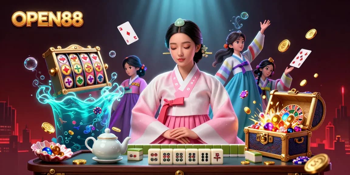 Engage with OPEN88’s thrilling casino experience featuring a serene Asian woman and vibrant gaming elements