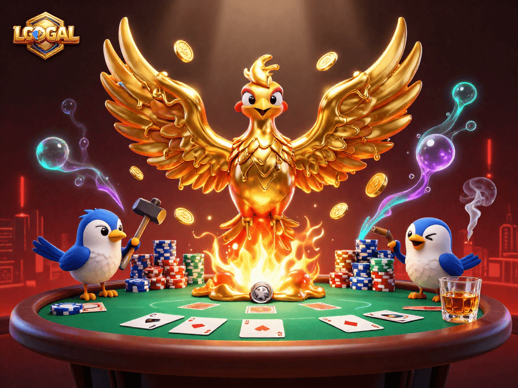 Experience the thrilling action of LGOGOAL with molten golden phoenix, poker elements, and vibrant casino atmosphere.